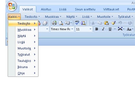 Nin perinteiset valikot nkyvt Word 2007:ss